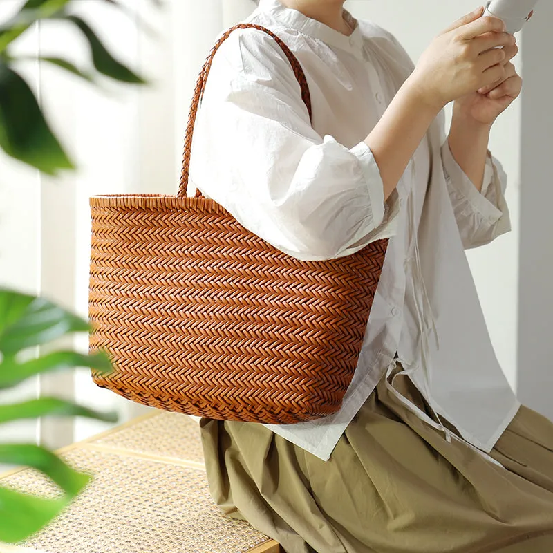 Stylish Womens Leather Tote Woven Top Handle Handbag For Women