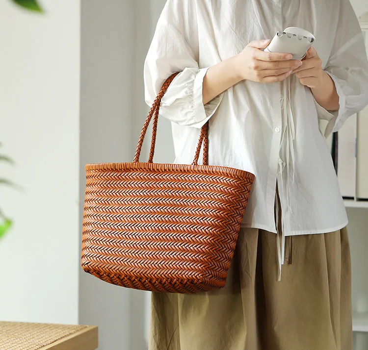 Stylish Womens Leather Tote Woven Top Handle Handbag For Women