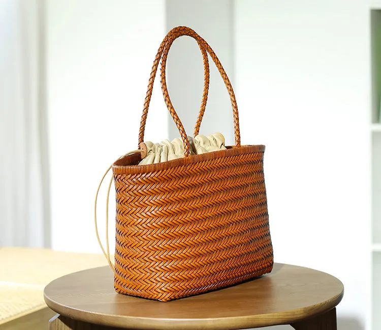 Stylish Womens Leather Tote Woven Top Handle Handbag For Women
