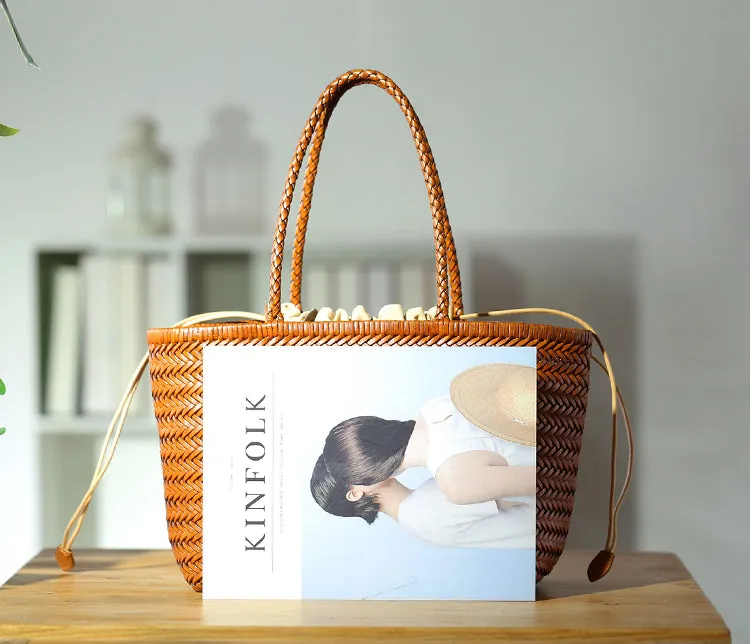 Stylish Womens Leather Tote Woven Top Handle Handbag For Women