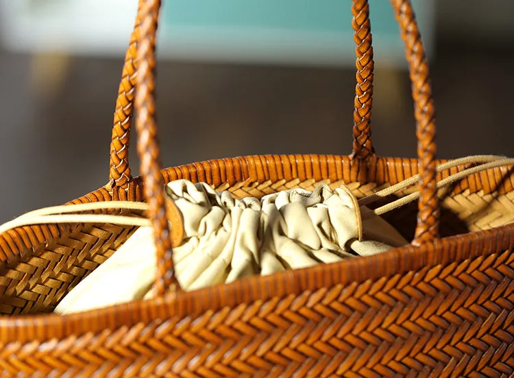 Stylish Womens Leather Tote Woven Top Handle Handbag For Women