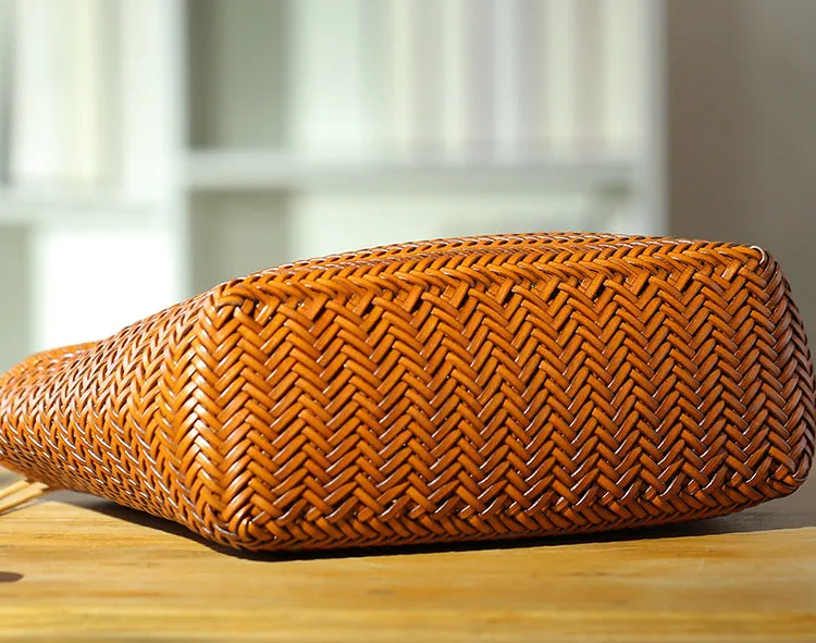 Stylish Womens Leather Tote Woven Top Handle Handbag For Women
