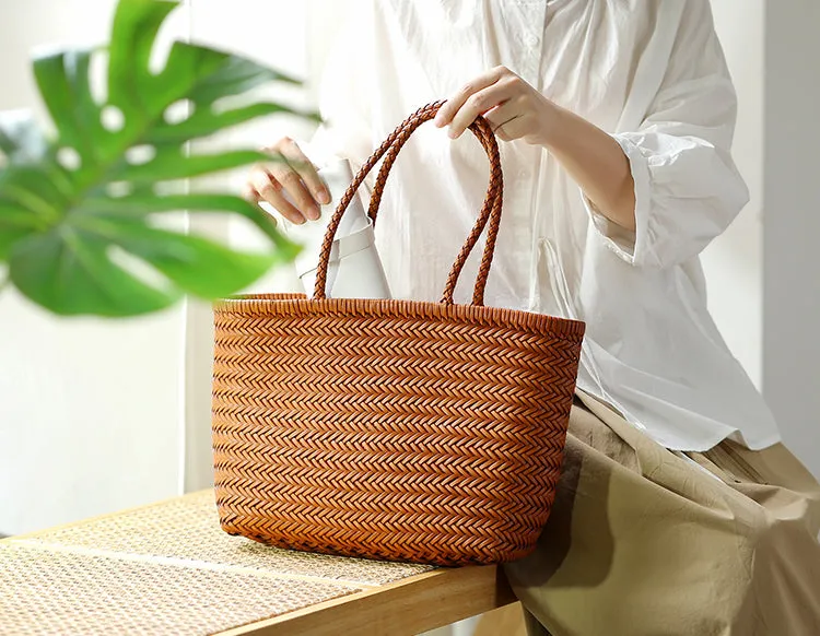 Stylish Womens Leather Tote Woven Top Handle Handbag For Women