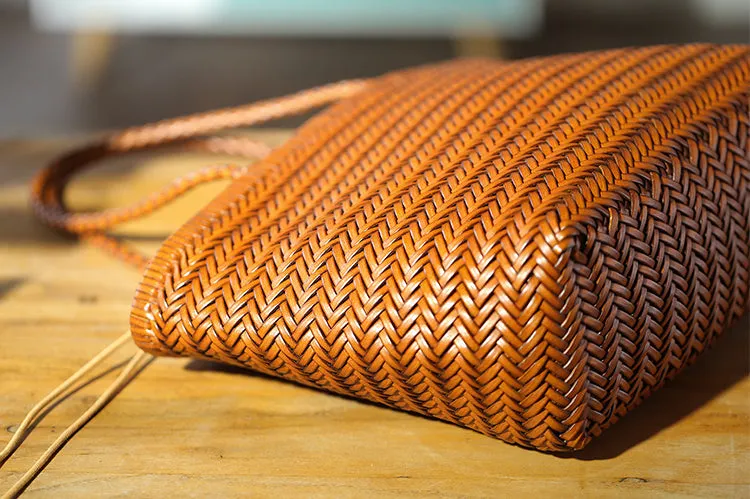 Stylish Womens Leather Tote Woven Top Handle Handbag For Women