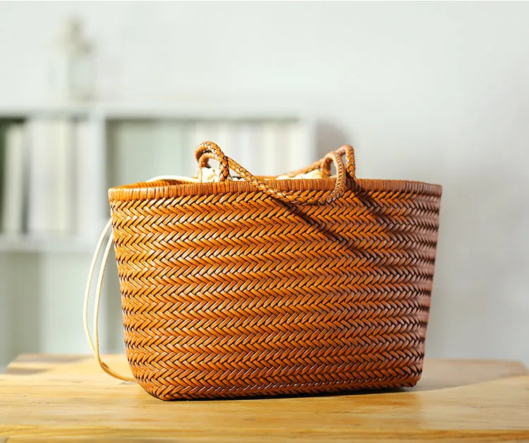 Stylish Womens Leather Tote Woven Top Handle Handbag For Women