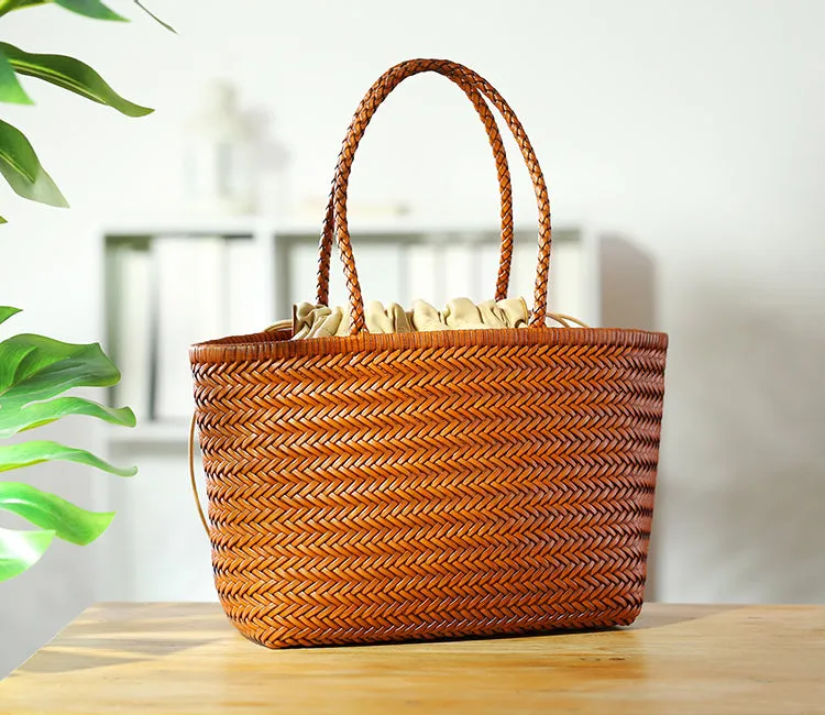 Stylish Womens Leather Tote Woven Top Handle Handbag For Women