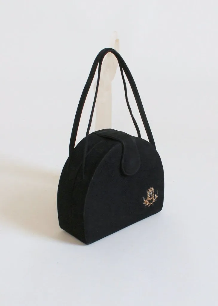 Vintage 1940s Embroidered Black Suede Box Purse